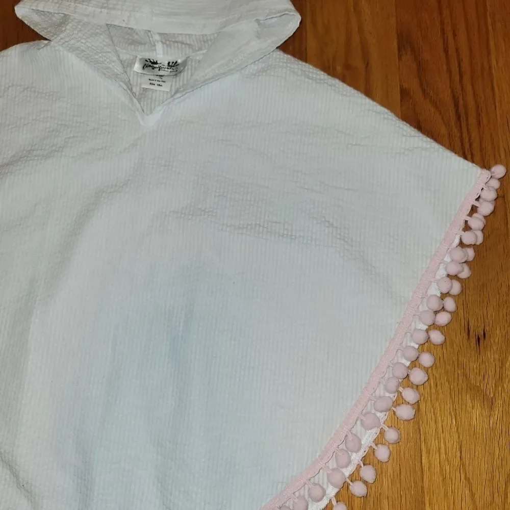 NWOT Boutique Monogramable White Seersucker Pink Pom Poms Poncho/Cover Up 18M